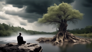 Create an image of a serene landscape with a person sitting on a rock, visibly distressed. Show various elements in the scene that may trigger PTSD symptoms, such as distant thunder clouds, a fallen tree resembling a bomb blast, and a river resembling a war zone. Display a sense of emotional turmoil and unease in the person's posture and facial expression.