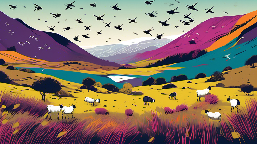 Please create an image of a serene Scottish Highlands landscape with a swarm of midges hovering in the air, showcasing the interaction between nature's beauty and the notorious midge infestation in Scotland.