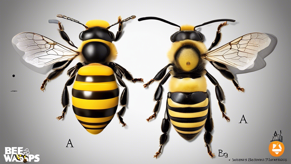 Create an image of a detailed side-by-side comparison between bees and wasps, highlighting their physical characteristics and the key differences in their appearances. Include labels and arrows pointing out distinctive features such as body shape, color patterns, antennae, and stingers. Capture the essence of these two insects in a clear and educational way that helps viewers comprehend the unique traits that set bees and wasps apart.