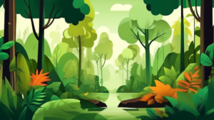 Create an image that visually represents the differences between forests, woods, and jungles. Show distinct characteristics of each type of wooded area, such as the density of trees, types of vegetation, and overall atmosphere unique to each environment. Use colors, textures, and elements that clearly communicate the distinctions between forests, woods, and jungles.
