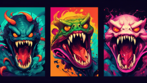 Create an illustration of three distinct characters: one with venomous fangs, one with poisonous skin, and one with toxic breath, each showcasing their unique abilities in a dynamic and colorful scene.