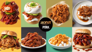 Create an image of a diverse array of surprising vegan foods that people might not realize are plant-based, such as jackfruit BBQ pulled pork, aquafaba meringue, tempeh bacon, and date caramel. Each item should be clearly labeled for easy identification. The overall composition should be colorful, enticing, and educational, showcasing the variety and creativity of vegan alternatives.