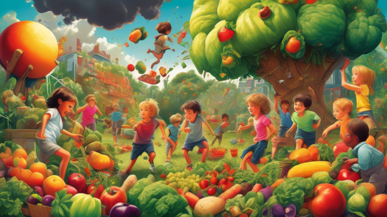 A colorful and imaginative illustration showing a group of children playing in a lush, healthy garden filled with fruits and vegetables, while a giant shield protects them from a dark cloud of junk food and advertisements looming overhead.