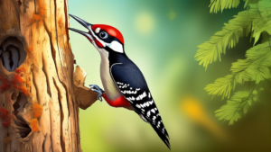 Create an image showing a curious woodpecker perched on a tree trunk, pecking away diligently. Surrounding the woodpecker are various insects and larvae hidden in the bark that the woodpecker is searching for as a food source. The image should capture the essence of the woodpecker's behavior and its motivation for pecking.