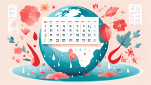 An illustrated calendar opened to the date of May 28th, decorated with symbols for Menstrual Hygiene Day such as water droplets, sanitary pads, and a globe, symbolizing global awareness and unity.