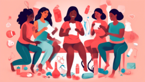 Create an image showing a diverse group of women of different ethnicities and ages engaging in various activities to promote menstrual hygiene awareness on Menstrual Hygiene Day (May 28th). Include symbols like menstrual products, educational materials, and supportive messages to convey the importance of breaking taboos and promoting proper menstrual hygiene practices.