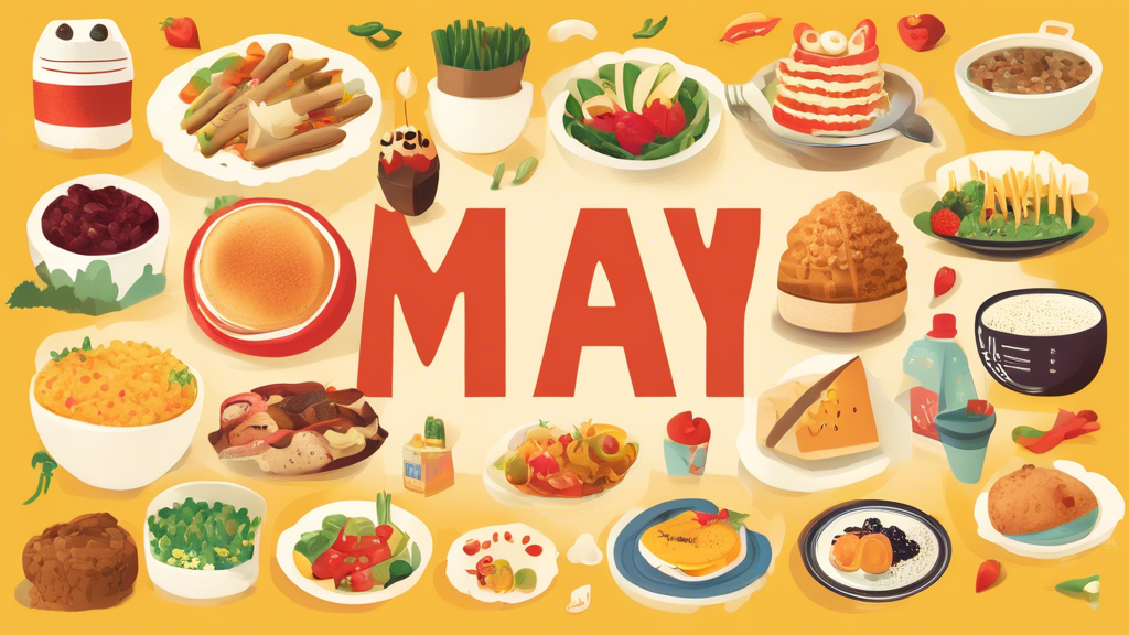 Create an image featuring a diverse selection of delicious foods, with a large calendar prominently displaying the date of May 11th. Each food item should represent a different fact about National Eat What You Want Day.