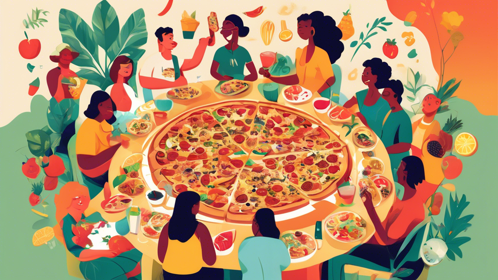 Create a whimsical and colorful illustration of a group of diverse people sitting around a large, circular table that is overflowing with a variety of foods from around the world – pizzas, sushi, burgers, salads, ice creams, and exotic fruits, under a banner that reads National Eat What You Want Day - May 11th.