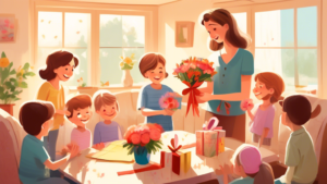 A heartwarming family portrait of children giving flowers and handmade gifts to their smiling stepmother in a sunny living room, celebrating Stepmother's Day on May 19th, with a calendar highlighting the date in the background.