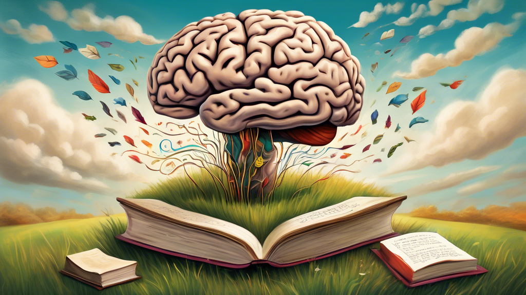 A whimsical illustration of a human brain sitting in a relaxed pose on a lush, grassy hill under a vibrant sky, surrounded by floating books, quills, and ink pots, with verses of poetry forming clouds, celebrating Poetry and the Creative Mind Day on April 19th.