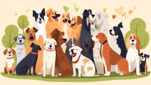 Create an image of a variety of dogs of different breeds and sizes being hugged by their owners in a park, with the date April 10th highlighted in a creative way. Each dog should be displaying a different expression of happiness and affection while being hugged.
