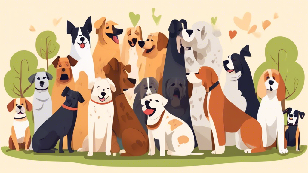 Create an image of a variety of dogs of different breeds and sizes being hugged by their owners in a park, with the date April 10th highlighted in a creative way. Each dog should be displaying a different expression of happiness and affection while being hugged.