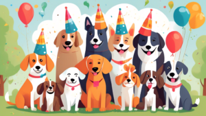 An illustration of a diverse group of adorable dogs wearing party hats and being lovingly hugged by people of different ages and ethnicities, with decorative balloons and the text 'National Hug Your Dog Day, April 10th' in a cheerful font, all set in a sunny park setting.