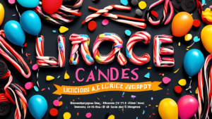 Create an image of a colorful and festive National Licorice Day celebration featuring a variety of licorice candies in different shapes, sizes, and flavors. Include elements like a giant licorice stick, licorice twists, licorice ropes, and licorice wheels surrounded by confetti, balloons, and streamers. Display the date April 12th in the background to signify the significance of the day. Let the image capture the joy and excitement of celebrating National Licorice Day.