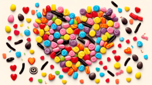 A whimsical illustration of a calendar page flipping to April 12th, surrounded by assorted types of colorful licorice candies forming a heart shape, with jubilant cartoon characters celebrating National Licorice Day.