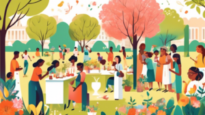 A vibrant illustration of diverse people from around the world gathering in a serene park, engaging in various smell-related activities like smelling flowers, cooking outdoors, and participating in perfume-making workshops under a banner that reads 'National Sense of Smell Day - April 27th' with a calendar and a blooming tree in the background, symbolizing spring.