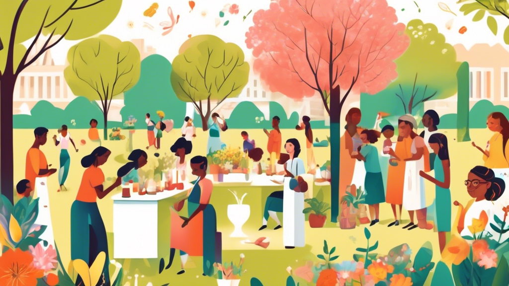 A vibrant illustration of diverse people from around the world gathering in a serene park, engaging in various smell-related activities like smelling flowers, cooking outdoors, and participating in perfume-making workshops under a banner that reads 'National Sense of Smell Day - April 27th' with a calendar and a blooming tree in the background, symbolizing spring.