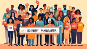 Create an image of a diverse group of people of different ages, genders, and ethnicities standing together, holding up signs that say Identity Management Day - April 9th in a diverse and inclusive environment. The background should feature digital security elements such as locks, keys, and biometric identifiers to represent the importance of protecting personal information and maintaining online privacy on this day.