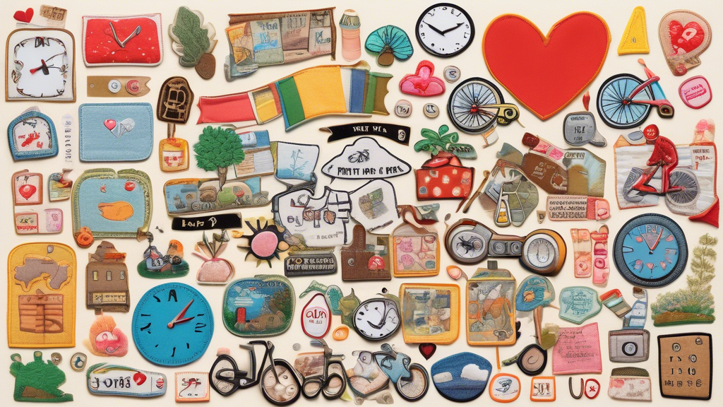 A whimsical collage of different patches for every imaginable situation, from computers and bicycles to hearts and clocks, floating against a backdrop of a calendar marked on May 21st, under a banner that reads 'I Need A Patch For That Day.'