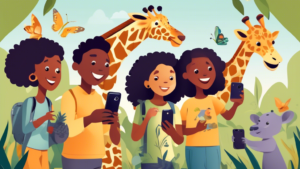Create an image of a diverse group of people enjoying various activities at a zoo to celebrate National Zoo Lovers Day on April 8th. Include elements like families taking a selfie with animals, children watching a feeding session, couples strolling hand in hand, and friends laughing together while observing exotic creatures. Highlight the joy and fascination that people experience while connecting with wildlife on this special day.