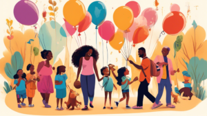 Colorful illustration of diverse families and individuals joyously exploring exhibits of various animals on National Zoo Lovers Day, with balloons and festive decorations emphasizing the celebratory mood.