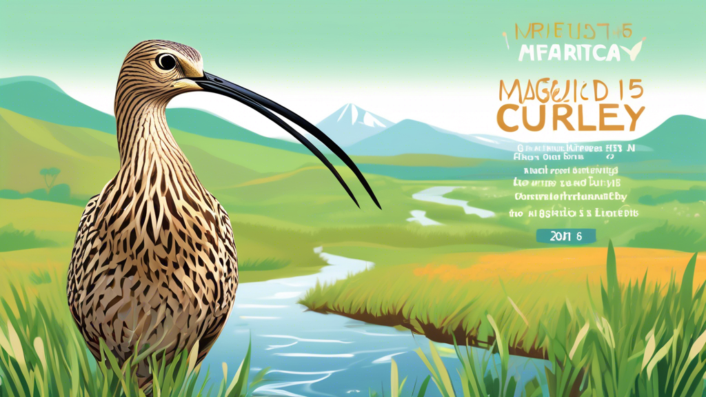 Create an image of a majestic curlew bird standing tall in its natural habitat, surrounded by lush meadows and flowing rivers, with elements representing the 15 facts about World Curlew Day (April 21st) scattered around the bird in an artistic and visually appealing way.