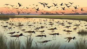 An enchanting flock of curlews flying over a scenic wetland at dusk, with a calendar marked April 21st in the foreground, celebrating World Curlew Day.