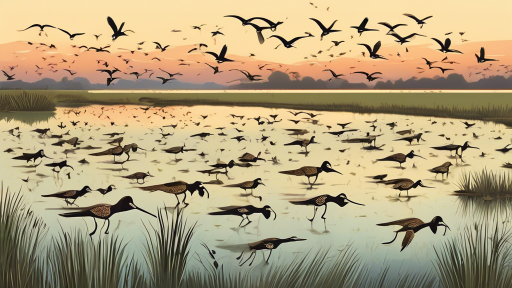 An enchanting flock of curlews flying over a scenic wetland at dusk, with a calendar marked April 21st in the foreground, celebrating World Curlew Day.