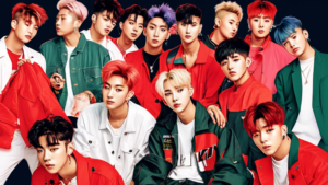 Create an image that represents 18 interesting facts about the K-pop group iKON. Include visual elements that symbolize each fact, such as a microphone for their music career and a group photo for their strong teamwork. Make the image colorful and engaging to showcase the diverse aspects of iKON's success and appeal to fans of the group.