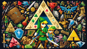 Create an image of a collage featuring the Triforce symbol, Link holding the Master Sword, rupees scattered around, and various iconic items from the Legend of Zelda series, each item accompanied by a fact from the article 30 Fun Facts About Legend of Zelda.