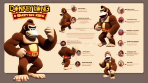 Create an image of Donkey Kong showcasing 5 fun facts about the iconic video game character. The image should include: - Donkey Kong flexing his muscles - A speech bubble with Fun Fact #1: Donkey Kong debuted in the arcade game in 1981 - Donkey Kong wearing a tie and holding a banana - A speech bubble with Fun Fact #2: Donkey Kong's original name was 'Jumpman' - Donkey Kong swinging on vines in a jungle setting - A speech bubble with Fun Fact #3: Donkey Kong is a member of the Kong family - Donkey Kong surrounded by barrels and platforms - A speech bubble with Fun Fact #4: Donkey Kong is known for his love of bananas - Donkey Kong challenging Mario in a game of some sort - A speech bubble with Fun Fact #5: Donkey Kong is often portrayed as a rival to Mario