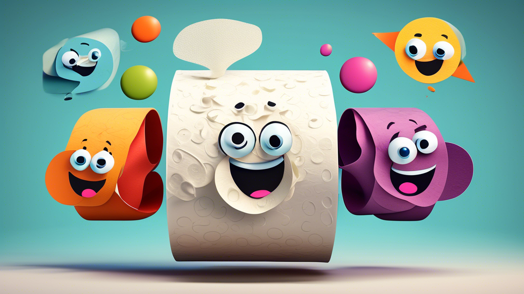 Create an image of a whimsical, cartoon toilet paper roll with five colorful thought bubbles above it, each containing a different fun fact about toilet paper. The background should be a simple, clean bathroom setting to complement the theme.