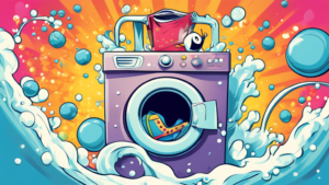 Create an image of a whimsical cartoon character riding a washing machine like a roller coaster, with bubbles and laundry flying everywhere, showcasing the fun side of washing machines.