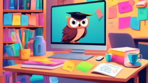 An illustrated guidebook cover featuring a serene library study space, a glowing laptop with the word 'Dissertation' on the screen, surrounded by colorful sticky notes, books, and a coffee cup, with wise owls wearing graduation caps offering helpful tips.