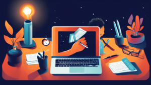 Create an image of a hand holding a pen, surrounded by books, notebooks, and a laptop, with five glowing tips floating above: 1. Outline Your Research 2. Manage Your Time Wisely 3. Seek Feedback Early 4. Stay Organized 5. Take Breaks.
