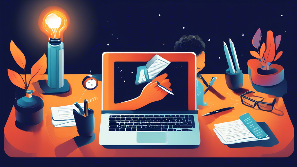Create an image of a hand holding a pen, surrounded by books, notebooks, and a laptop, with five glowing tips floating above: 1. Outline Your Research 2. Manage Your Time Wisely 3. Seek Feedback Early 4. Stay Organized 5. Take Breaks.