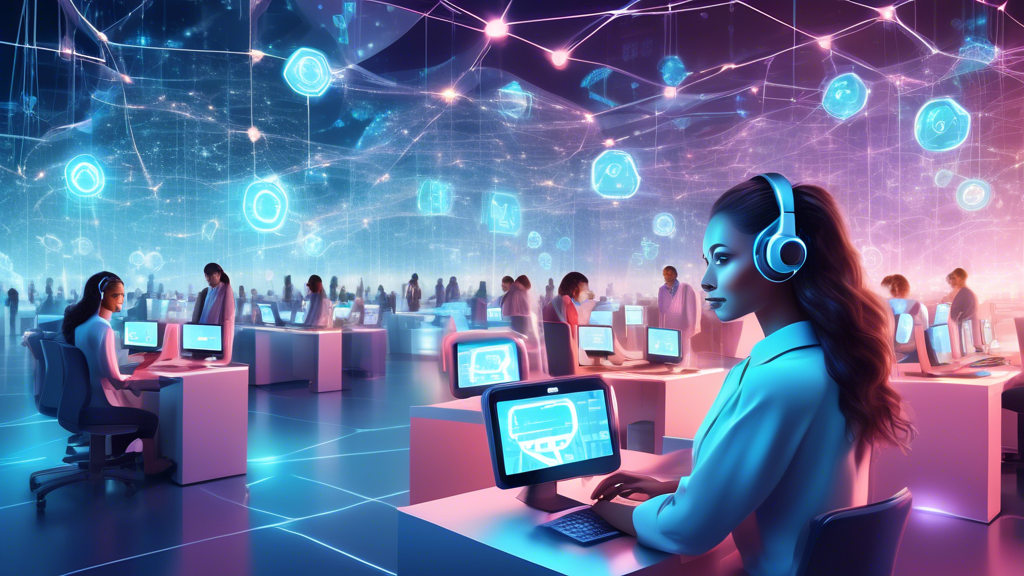 Digital illustration of a futuristic e-commerce call center filled with virtual assistant holograms, bustling with activity, set against a backdrop of a global network.