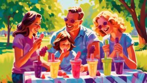 A vibrant, eye-catching painting of a family enjoying grape popsicles together at a picnic in the park on a sunny National Grape Popsicle Day, with a calendar in the background marking May 27th.