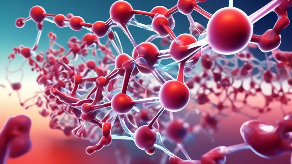 An artistic representation of follistatin-344 peptide molecules interacting with muscle tissue in a futuristic laboratory setting.