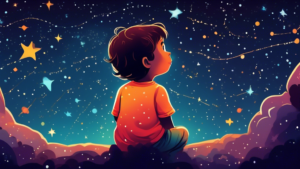 Create an image of a child gazing up at the night sky, surrounded by twinkling stars, trying to spot the Big Dipper constellation. The child should be pointing excitedly towards the stars, showcasing a sense of wonder and curiosity.