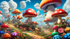 Create an image of a whimsical, vibrant landscape filled with oversized Super Mario mushrooms of various colors, shapes, and sizes. Include a blue sky with fluffy clouds in the background to enhance the magical and fantastical atmosphere of the scene. The mushrooms should be arranged in a way that portrays a sense of adventure and exploration, inviting the viewer to imagine themselves wandering through this enchanting world.