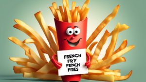 Create an image of a whimsical French fry character, with arms and legs made of fries, wearing a chef's hat and holding a sign that says French Fry Fun Facts with various interesting facts about French fries scattered around.