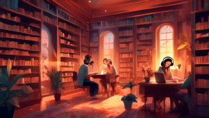 An artistically stylized digital painting of a serene library, with people wearing headphones and enjoying various ASMR triggers like whispering, page-turning, and gentle tapping, under soft, warm lighting to celebrate International ASMR Day.