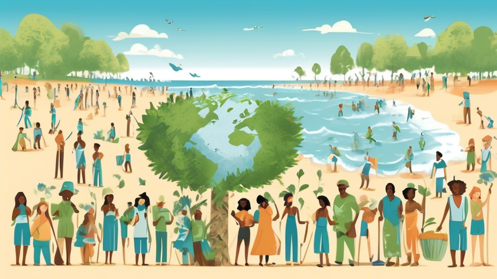 Beautiful illustration of a diverse group of people from around the world coming together to plant trees and clean up a beach, with a banner that reads 'Happy Earth Day' under a clear blue sky.