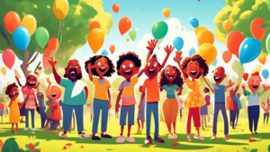 An animated, colorful crowd of diverse cartoon characters standing in a leafy park, all playfully screaming in unison, with 'Happy Scream Day' balloons floating in the air, under a bright sunny sky.