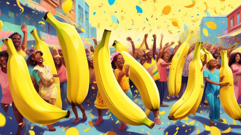 A vibrant digital painting celebration of National Banana Day, featuring a whimsical banana parade led by an animated banana character wearing a crown, with people of diverse backgrounds joyfully dancing and holding bananas under a sky filled with confetti shaped like bananas.