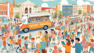 A colorful, whimsical illustration of a vintage bookmobile parked in a bustling town square, surrounded by people of all ages excitedly choosing books under a banner that reads 'National Library Outreach Day'.