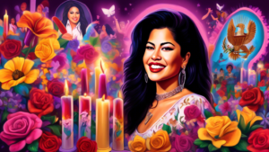 Digital painting of a vibrant mural honoring Selena Quintanilla, filled with symbols from Texas and Mexico, with fans laying flowers and lighting candles in celebration of Selena Day.