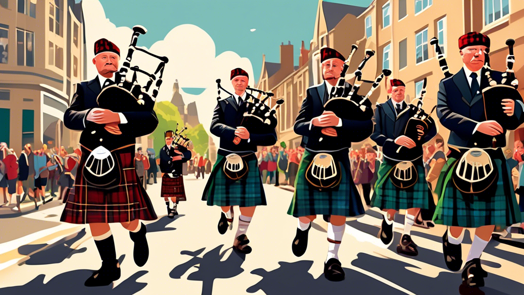 A vibrant parade of people of all ages wearing traditional Scottish tartan kilts and playing bagpipes, marching through the streets of a modern city, with spectators waving from the sides, under a bright sunny sky.