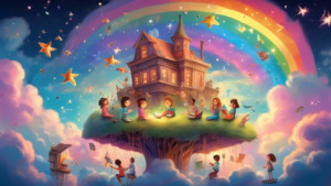 An enchanting library floating on a cloud, with a diverse group of children and fantastical creatures reading books together under a sky filled with rainbow-colored shooting stars.